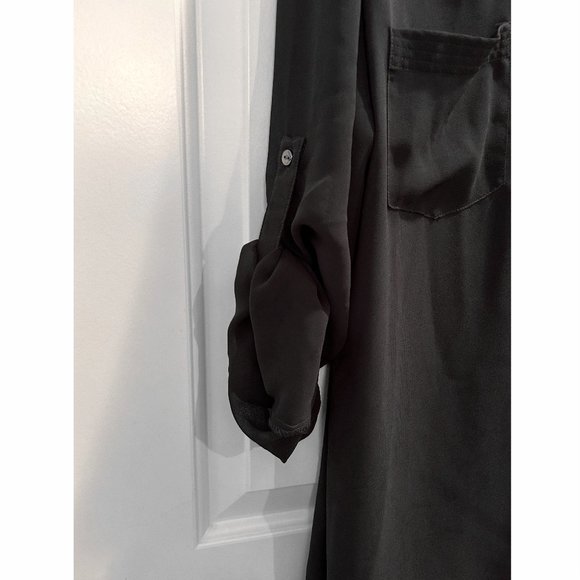 Women's Le Chateau Button Tab Sleeve Sheer dark gray Tunic Blouse Shirt - Picture 4 of 12